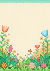 Colorful Floral Background with Cartoon Flowers and Plants, Perfect for Spring and Summer Designs, Invitations, and Greeting Cards