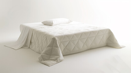 Bed with white sheets, a blanket, and a pillow in a plain, white room, emphasizing simplicity and cleanliness.