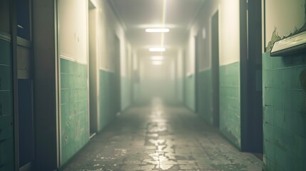 Close-up of a foggy hospital hallway, abandoned, soft focus, late night light 