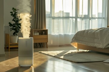 Modern humidifier releases steam in a sunlit bedroom, creating a comfortable atmosphere
