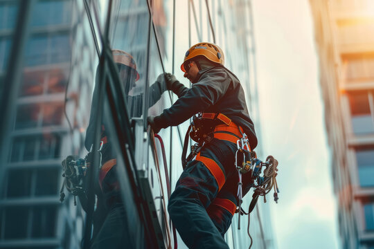 Professional industrial climber working at height. Industrial safety concept. 