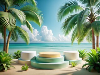 Obraz premium Tropical Round Podium for Product Display on a Beach with Palm Trees and Ocean Background - Ideal for Summer, Vacation, and Nature-Themed Presentations