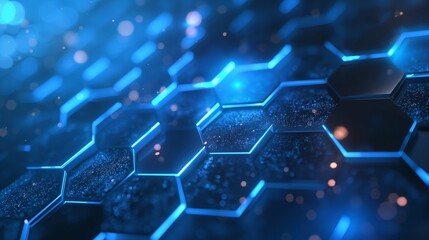 Obraz premium Blue background featuring hexagonal shapes and glowing lights, representing technology or science. A sleek and modern design perfect for tech or scientific themes.
