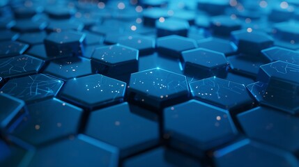 Blue background featuring hexagonal shapes and glowing lights, representing technology or science. A sleek and modern design perfect for tech or scientific themes.
