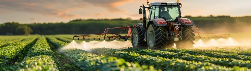 Obraz premium Agricultural Innovation A modern tractor actively spraying crops at sunrise, demonstrating advanced farming technology in a lush, green field