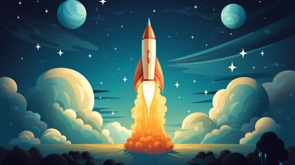 A vibrant digital illustration of a rocket launching into space with planets and stars in the background.