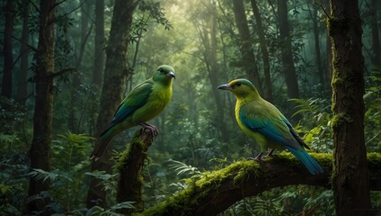 Fototapeta premium The verdant embrace, birds in the forest share secrets with the wind ai_generated