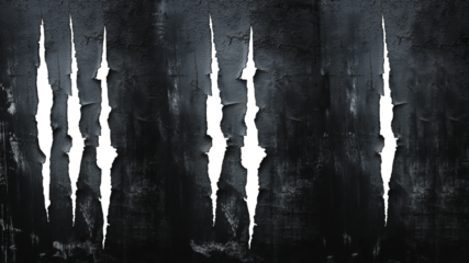 menacing claw marks on a dark steel texture background. Transparent PNG background. Monster, tiger, bear, or any beast in general. With hole tear on metal surface. Steel, metal, iron. Set 01