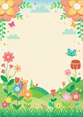Colorful Cartoon Spring Garden with Flowers, Cute Animals, and Blue Sky - Perfect for Children's Books, Posters, and Greeting Cards