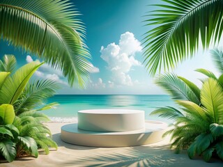 Fototapeta premium Tropical Beach Round Podium for Product Display with Palm Leaves and Ocean Background, Ideal for Summer and Vacation Themes, Perfect for Advertising, Marketing, and Presentation Purposes