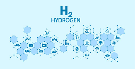 The concept of hydrogen or hydrogen H2 as fuel energy leads to renewable energy in the world. with blue icon