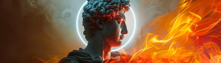 Artistic depiction of a classical statue, enhanced with a luminous circle and vibrant flames, highlighting heritage in a modern light