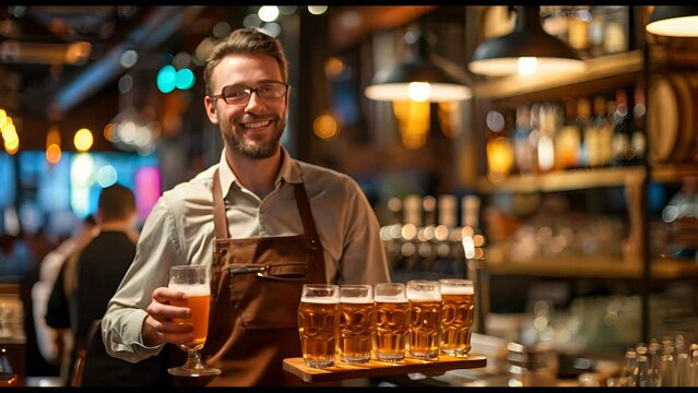 slow motion video of a man dressed as a waiter with a tray of beer in a pub.