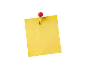 Yellow sticker note paper with red push pin isolated on white and transparent background. Png file