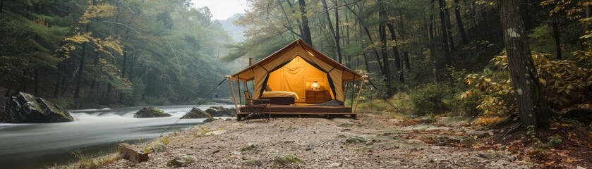 Camping in the Wild A simple tent positioned in the heart of the forest, providing a rustic and intimate connection with the natural world around