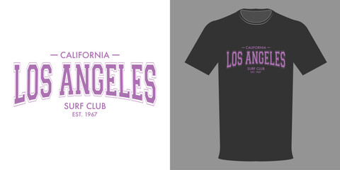 Vector illustration of T-shirt LOS ANGELES SURFING CLUB. Typographic print in pink color, template for printing