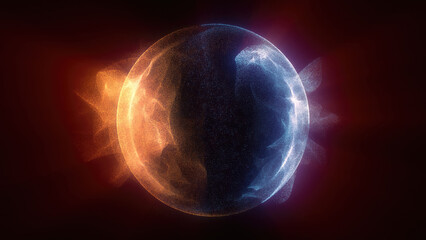 Abstract colored bright glowing background with a sphere core atom energy burning ball circle made of waves of energy rays and plasma with light