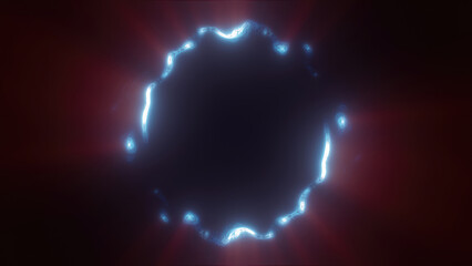 Blue swirling circle frame of multicolored lines of  energy particles. Abstract background