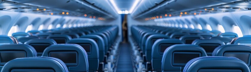 Fototapeta premium Closeup of the empty seats and aisle of a commercial airliner, emphasizing the quiet and solitude of early morning flights