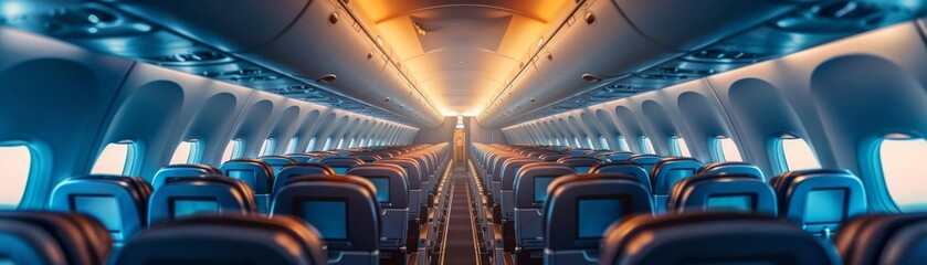 Fototapeta premium Closeup of the empty seats and aisle of a commercial airliner, emphasizing the quiet and solitude of early morning flights