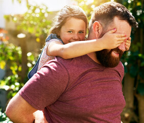 Dad, child and cover eyes in garden with peekaboo, smile and piggy back on outdoor adventure with weekend game. Happy portrait, father and girl in backyard together with support, playing and surprise