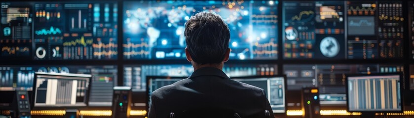 Command center scene with a focused technician watching over critical data streams, atmosphere of vigilance