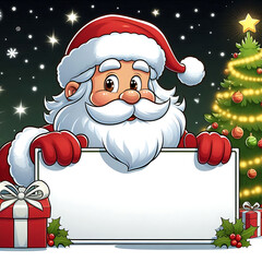 Cartoon Santa Claus or Father Christmas peeking over a sign

