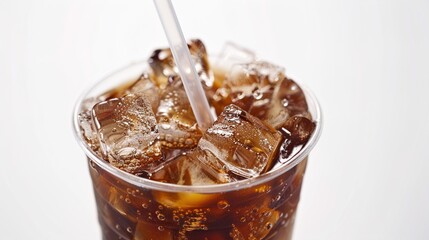 A cup of iced coffee with ice cubes and a straw, set on a solid white background, showcasing the refreshing and cool nature of the drink.