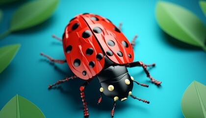 Close-up of a vibrant red ladybug with black spots on a turquoise background with green leaves, representing nature and wildlife.