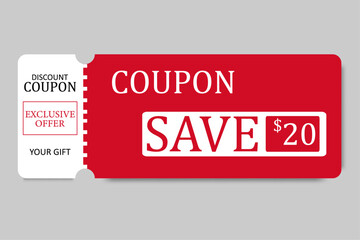 Gift voucher element template. Promotional voucher code for 20%. Shopping, marketing, food and drink, business. Vector illustration.