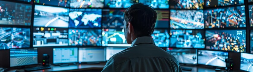 Fototapeta premium Control room operator, intense focus, surrounded by multiple screens displaying diverse data, modern security hub