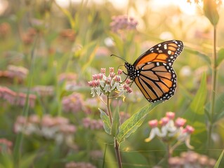Close up Shot of a Monarch Butterfly Resting on a Vibrant Milkweed Flower in a Serene Farm Field
