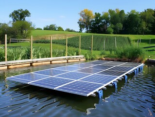 Floating Solar Panel System on Picturesque Farm Pond