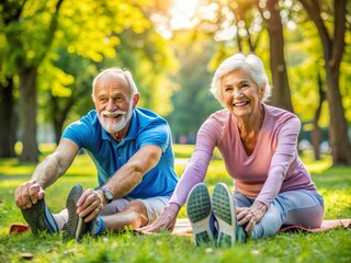 Senior Couple Exercising Outdoors in Park, Happy Elderly Man and Woman Stretching Together, Healthy Active Lifestyle, Fitness and Wellness, Morning Workout, Retirement Activities, Vibrant Green Nature