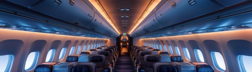Naklejka premium Detailed shot of a welllit airplane aisle and seating, showcasing the comfortable and efficient design of modern air travel