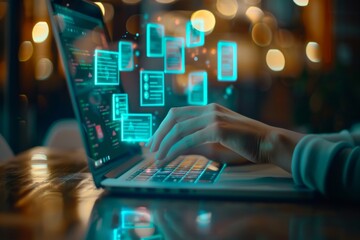 A modern workspace with a person's hands typing on a laptop keyboard, futuristic translucent document icons floating above the screen