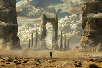A solitary figure stands before a towering scifi gate amidst a vast desert landscape