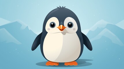 Naklejka premium Cute cartoon penguin with mountains in the background, ideal for children's illustrations or winter-themed designs.