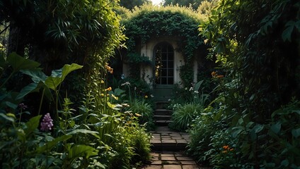 Naklejka premium A narrative set in a lush, overgrown garden teeming with secrets ai_generated