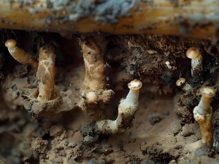 Fototapeta premium Closeup View of Soil with Visible Mycorrhizal Fungi