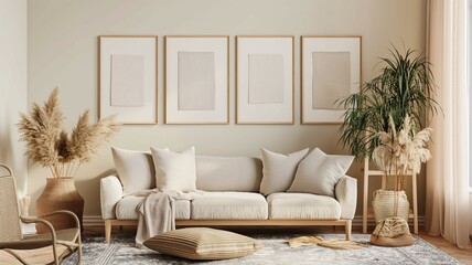 Multi frame mockup, home room interior with sofa, framed wall poster