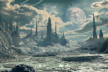 Digital art of an otherworldly city with towering spires under a giant moon