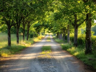 Obraz premium Picturesque Farm Road Lined with Lush Trees and Greenery