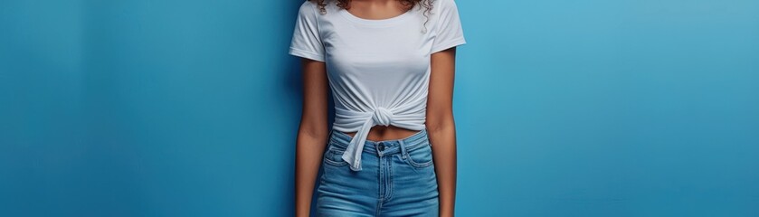 Fashionable young woman in a tied white t-shirt and blue jeans standing against a blue background, showcasing casual style and modern fashion.