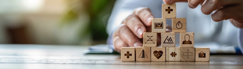 Hands stacking healthcare-themed wooden blocks on a table, symbolizing health and medical concepts.
