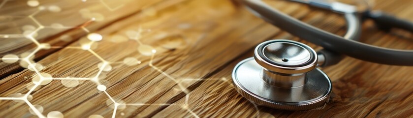 Medical concept with stethoscope on wooden table and abstract molecular structure. Healthcare and technology background.