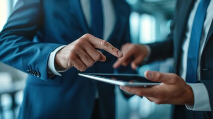 Two businessmen in suits discussing project on a digital tablet in a modern office setting, exemplifying teamwork and technology in business.