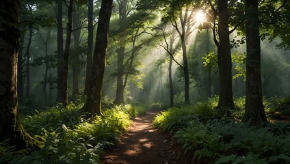 : A serene woodland scene where sunlight filters through the emerald canopy  ai_generated