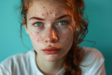 Closeup of a young female with natural freckles and acne on a teal background, looking thoughtfully at the camera