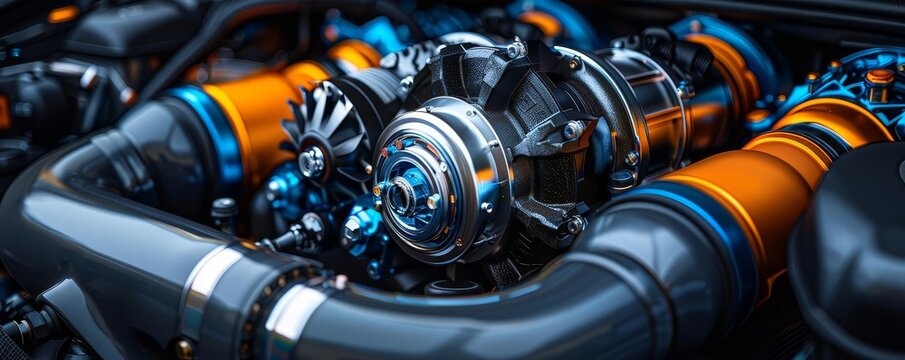 Detailed shot of a car s turbocharger and engine bay